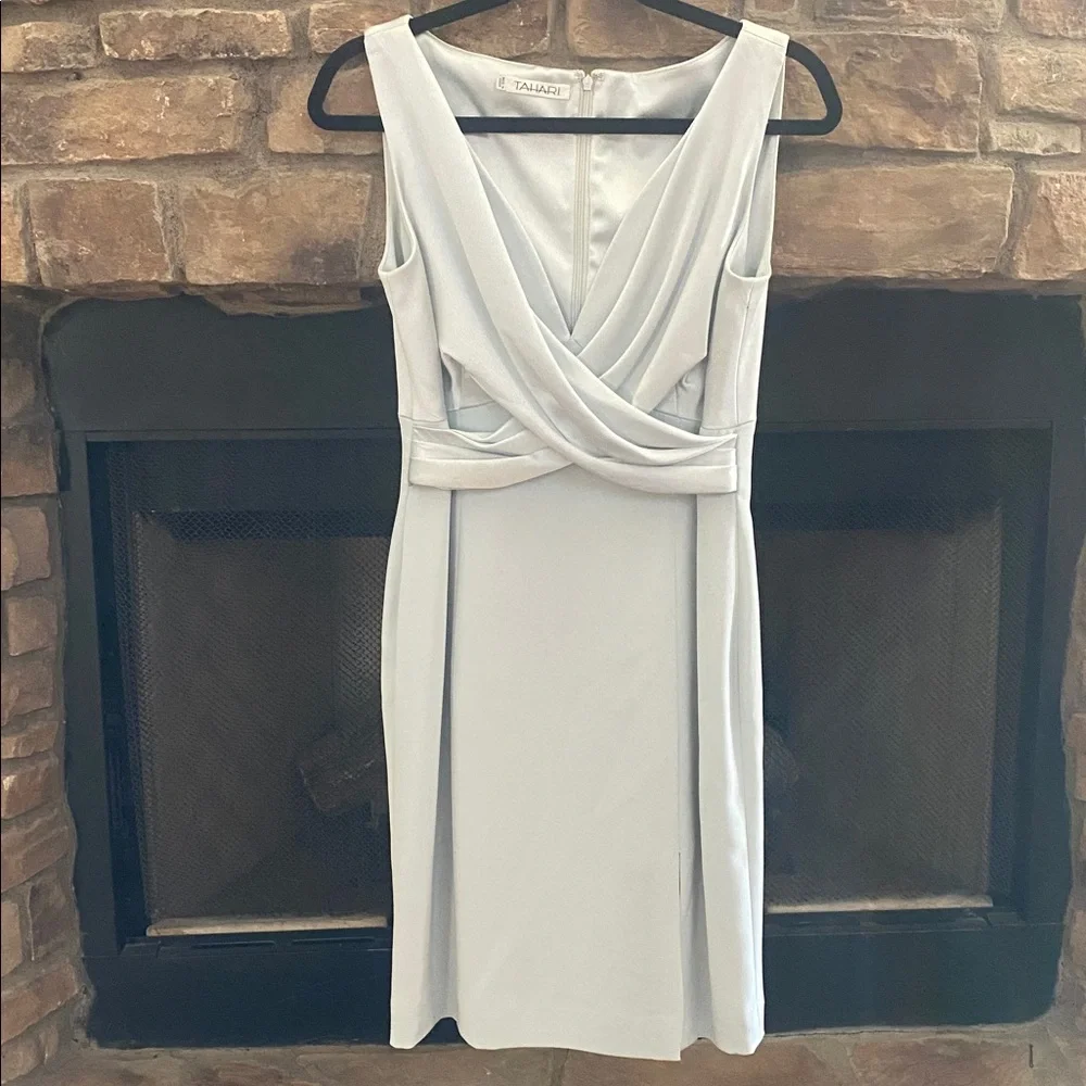 Tahari Shimmering sea foam green dress with draped neckline and side slit. 8 - Picture 1 of 12